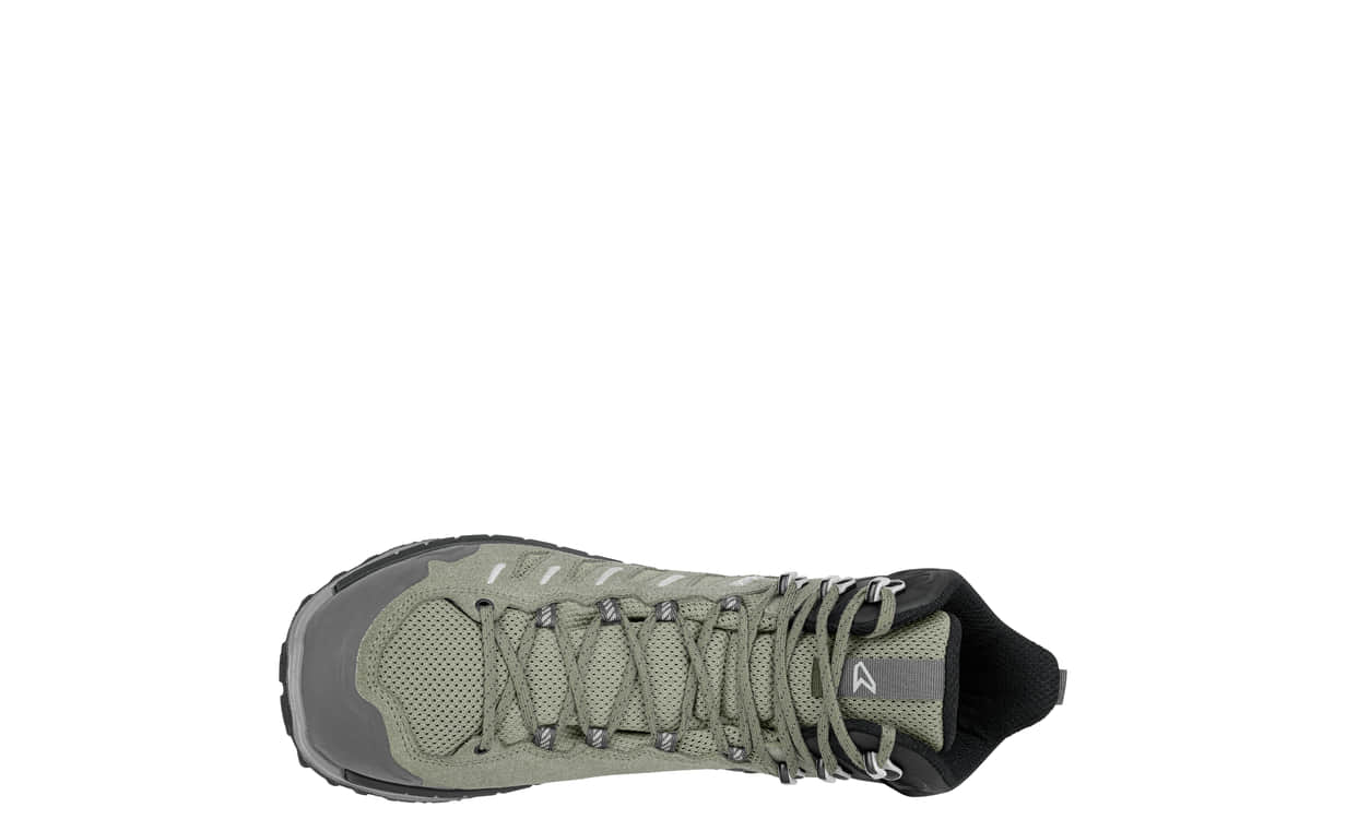 top view of mid height sage green hiking boot on a white background