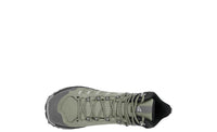 top view of mid height sage green hiking boot on a white background