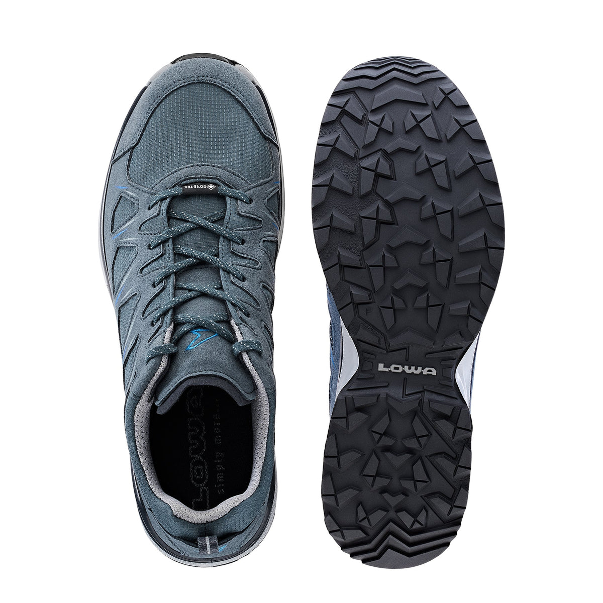 Men's LOWA INNOX EVO II GTX hiking boot in STEEL BLUE OCEAN with GORE-TEX waterproof protection for hiking. SKU 3114167942