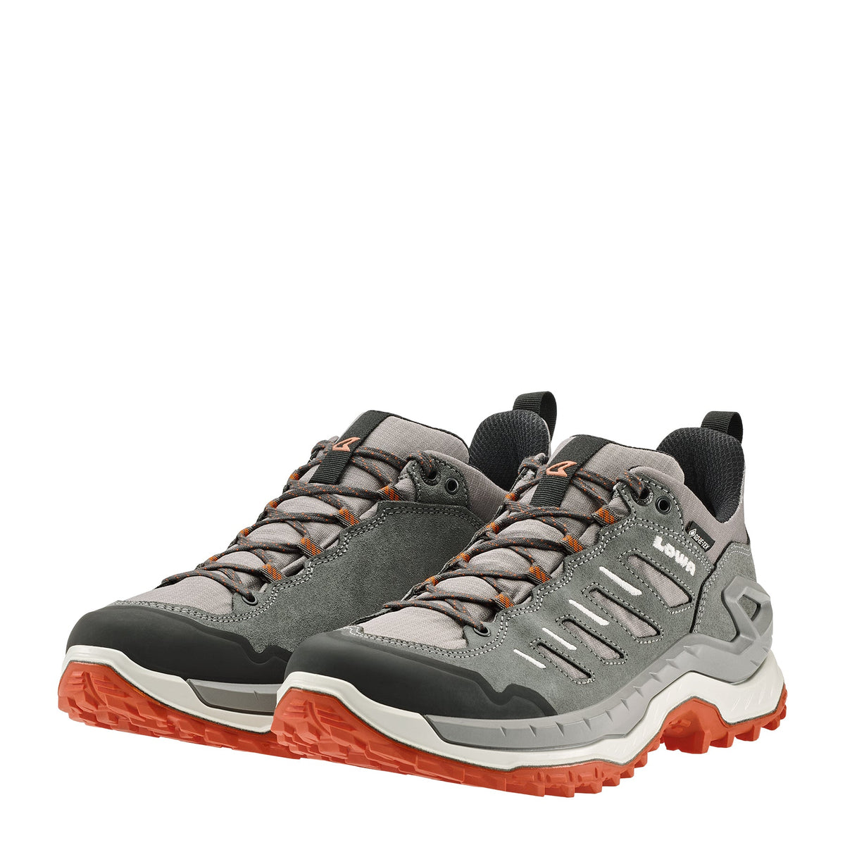 Men's LOWA INNOVO GTX LO hiking shoe in GREY/FLAME with GORE-TEX waterproof protection for hiking. SKU 3115509055