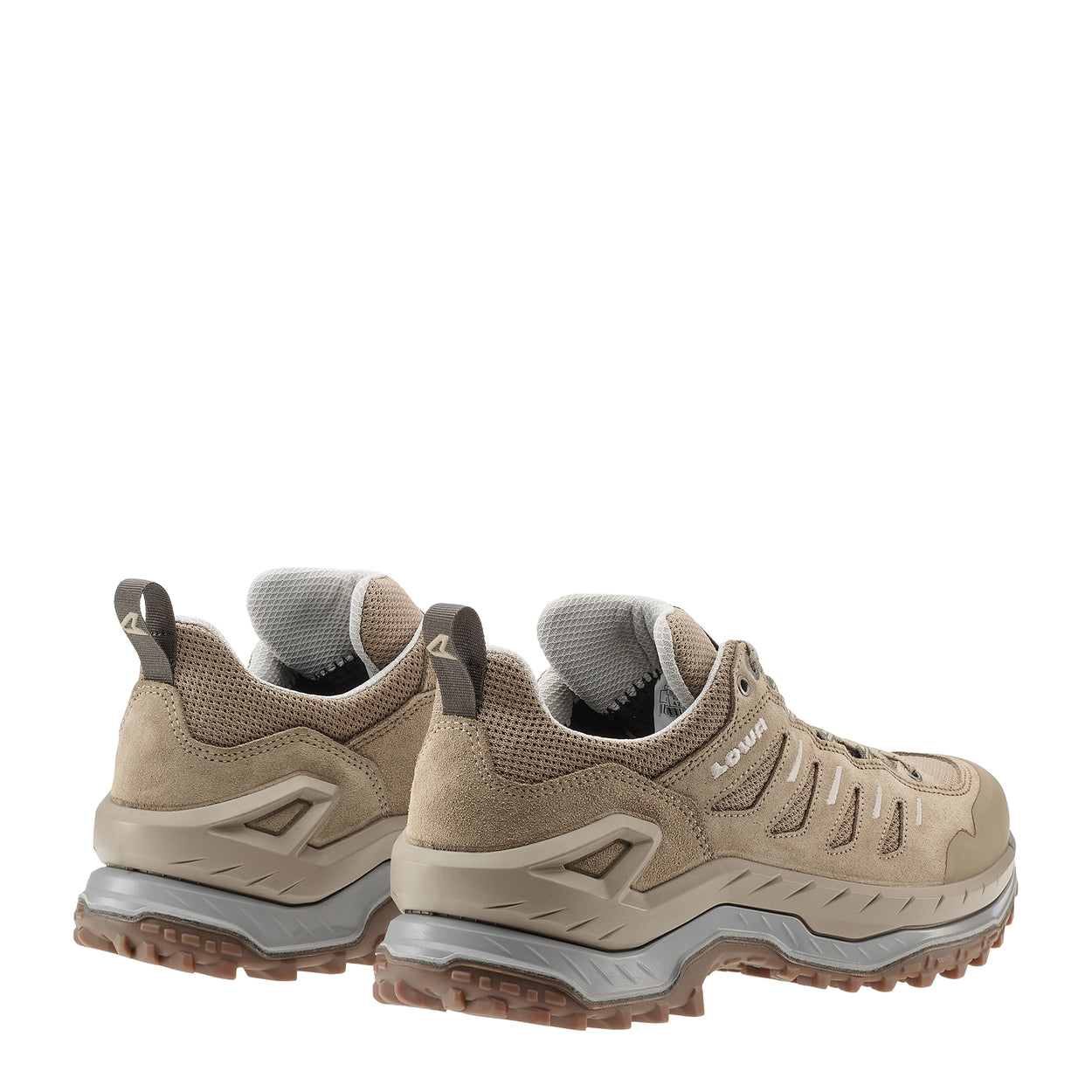 Back view of beige hiking shoes on a white background