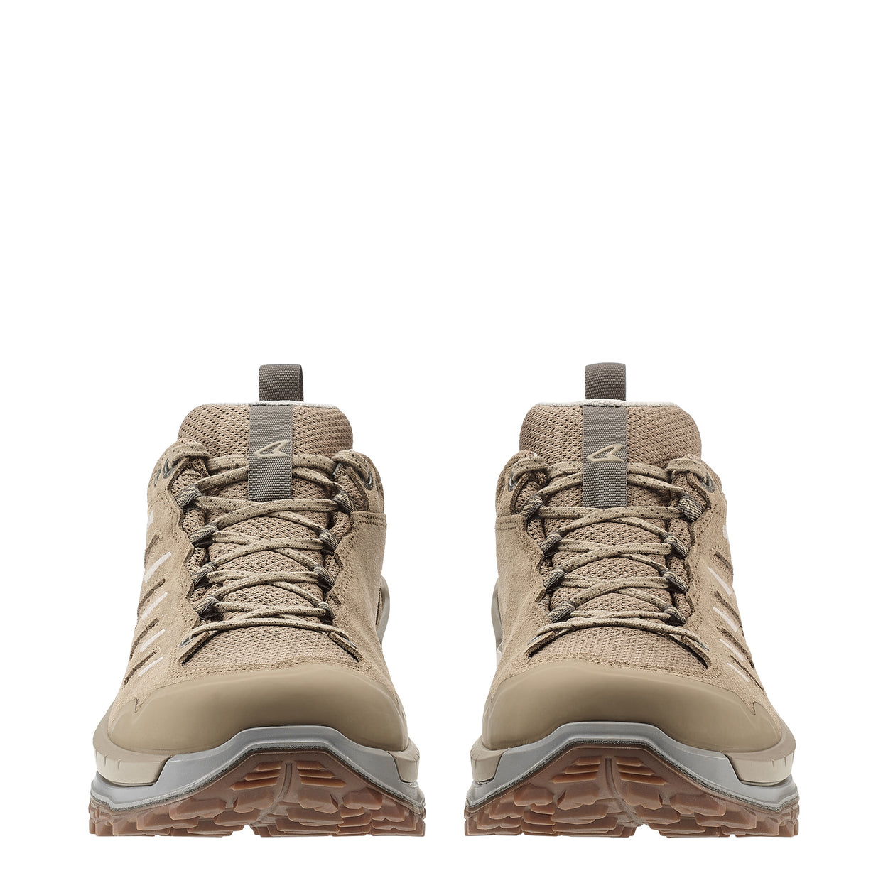 Front view of beige hiking boots on a white background