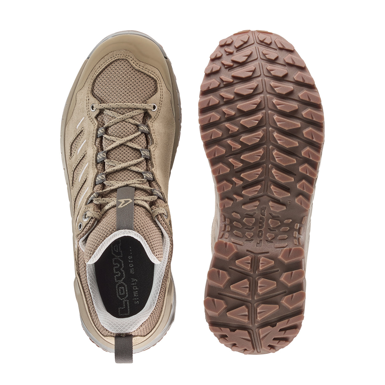 Beige hiking shoe with laces and sole view on a white background