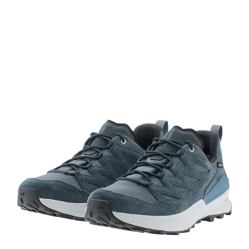 LOWA TETONIX GTX LO men's hiking shoe in navy/grey, angled profile