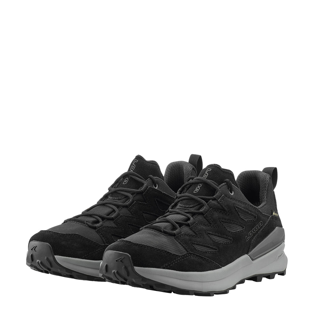 LOWA TETONIX GTX LO men's hiking shoe in black/grey, angled profile