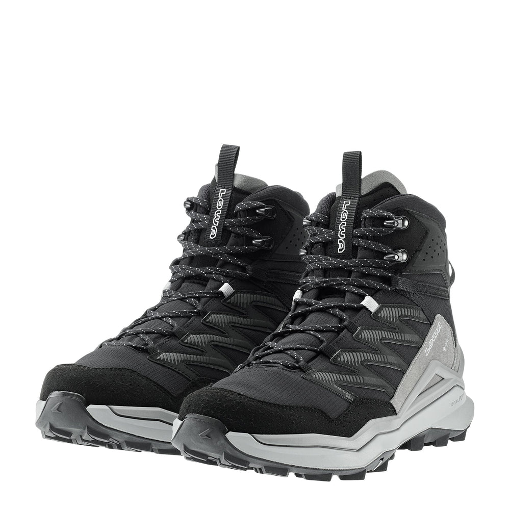 Men's LOWA MADDOX PRO GTX MID hiking boot in BLACK/GREY with GORE-TEX waterproof protection for hiking. SKU 3116209930, 3116219930