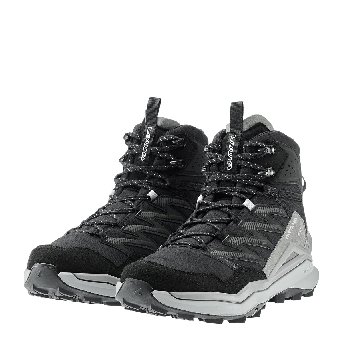 Men's LOWA MADDOX PRO GTX MID hiking boot in BLACK/GREY with GORE-TEX waterproof protection for hiking. SKU 3116209930, 3116219930
