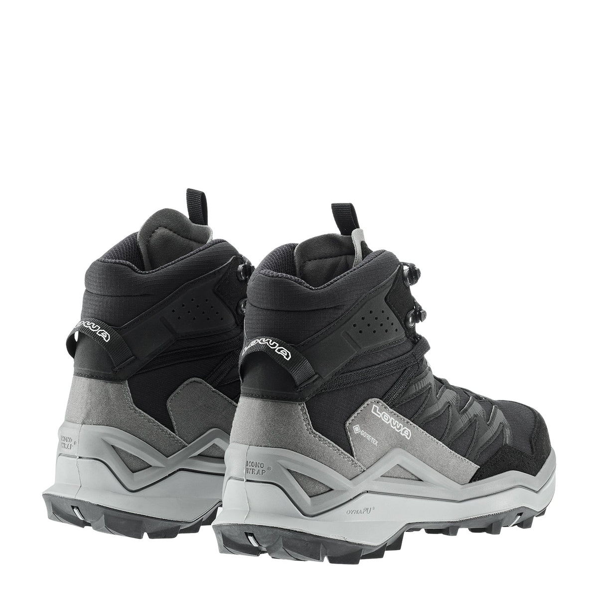 Men's LOWA MADDOX PRO GTX MID hiking boot in BLACK/GREY with GORE-TEX waterproof protection for hiking. SKU 3116209930, 3116219930