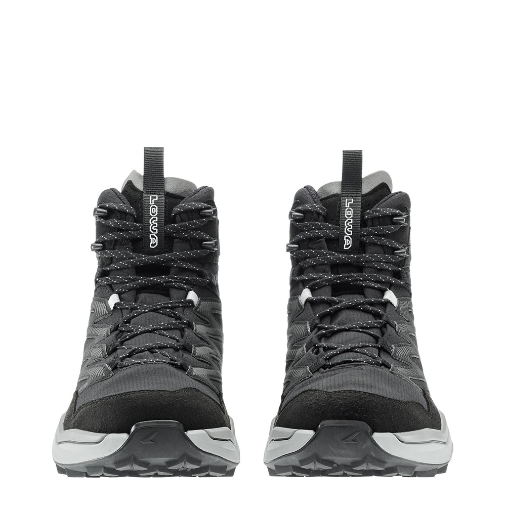 Men's LOWA MADDOX PRO GTX MID hiking boot in BLACK/GREY with GORE-TEX waterproof protection for hiking. SKU 3116209930, 3116219930