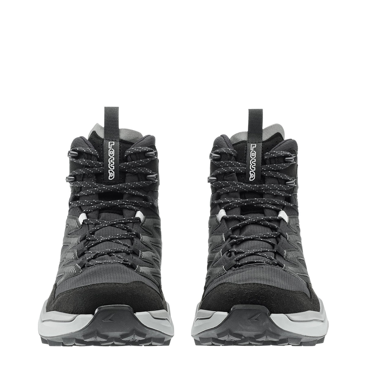 Men's LOWA MADDOX PRO GTX MID hiking boot in BLACK/GREY with GORE-TEX waterproof protection for hiking. SKU 3116209930, 3116219930