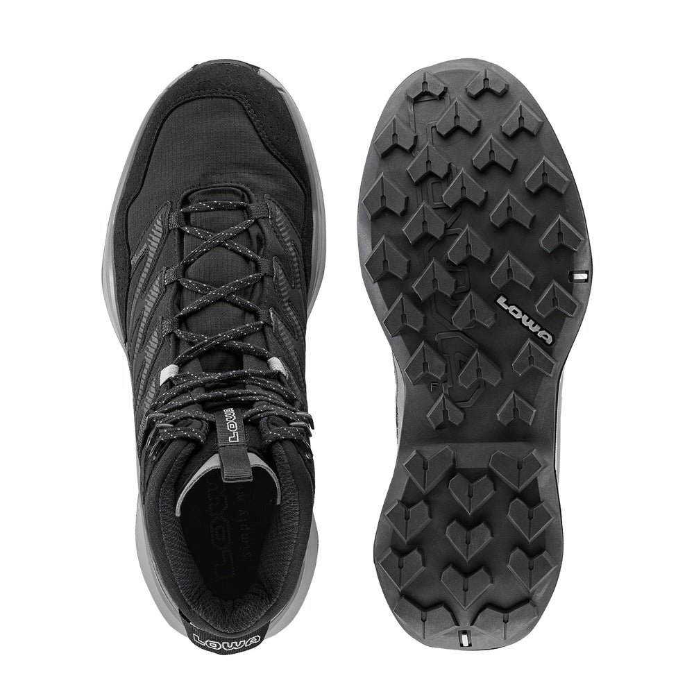 Men's LOWA MADDOX PRO GTX MID hiking boot in BLACK/GREY with GORE-TEX waterproof protection for hiking. SKU 3116209930, 3116219930