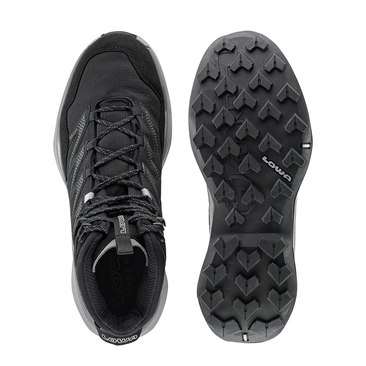 Men's LOWA MADDOX PRO GTX MID hiking boot in BLACK/GREY with GORE-TEX waterproof protection for hiking. SKU 3116209930, 3116219930