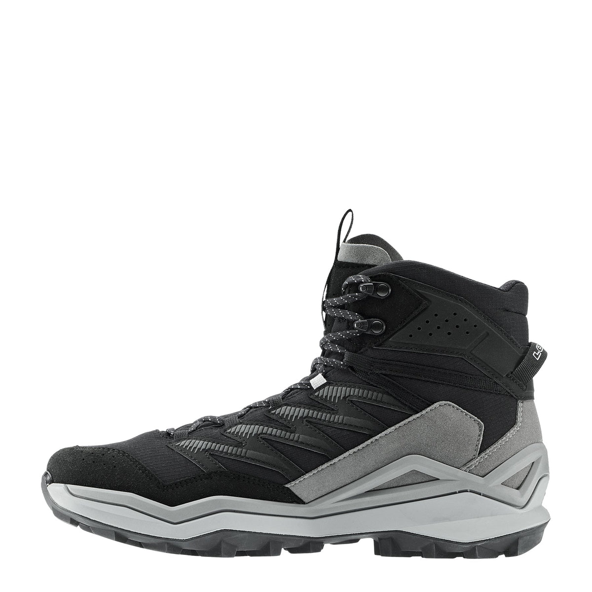 Men's LOWA MADDOX PRO GTX MID hiking boot in BLACK/GREY with GORE-TEX waterproof protection for hiking. SKU 3116209930, 3116219930