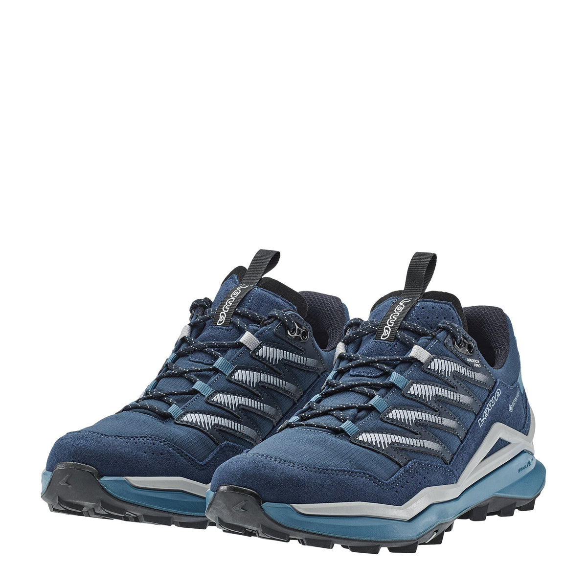 Men's LOWA MADDOX PRO GTX LO hiking shoe in NAVY/MARINE BLUE with GORE-TEX waterproof protection for hiking. SKU 3116306966