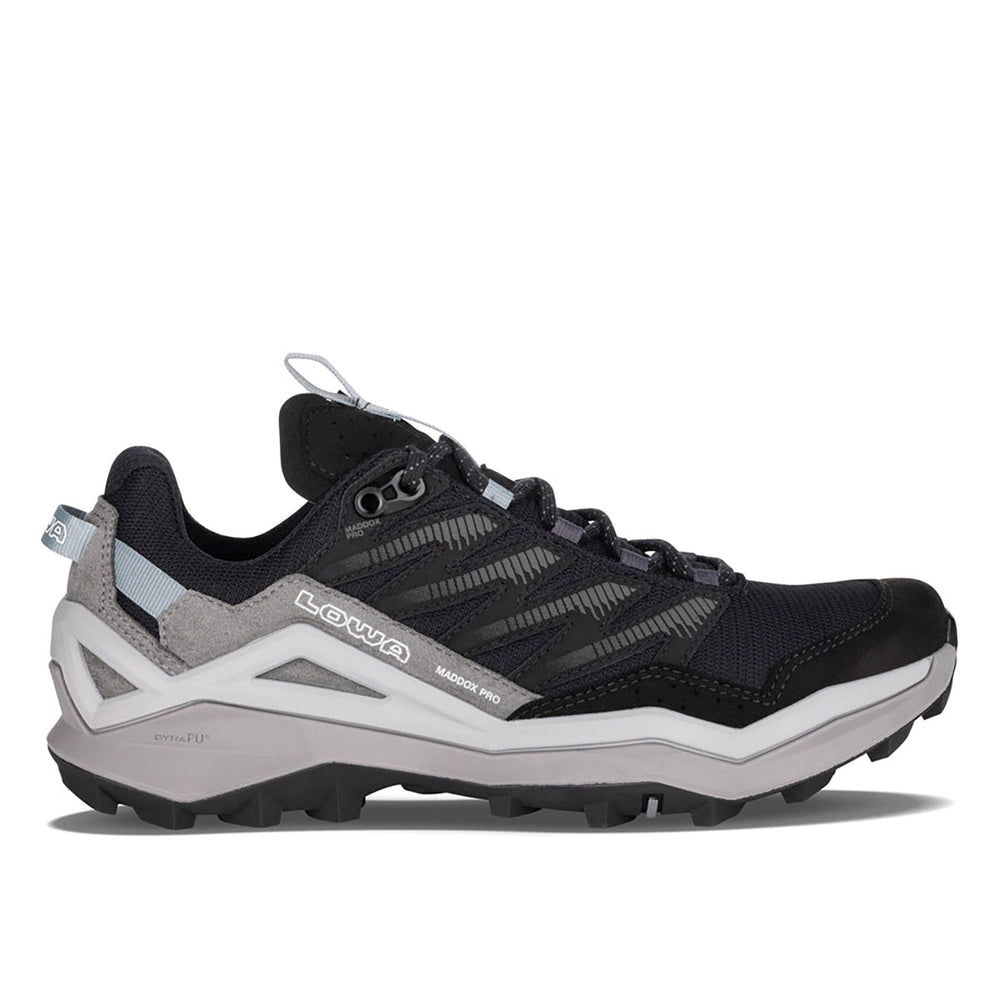 Men's LOWA MADDOX PRO GTX LO hiking shoe in BLACK/GREY with GORE-TEX waterproof protection for hiking. SKU 3113319930, 3116309930