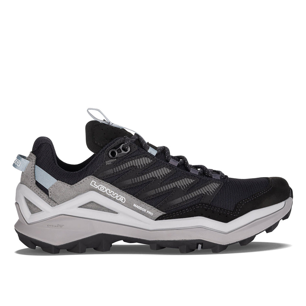 Men's LOWA MADDOX PRO GTX LO hiking shoe in BLACK/GREY with GORE-TEX waterproof protection for hiking. SKU 3113319930, 3116309930