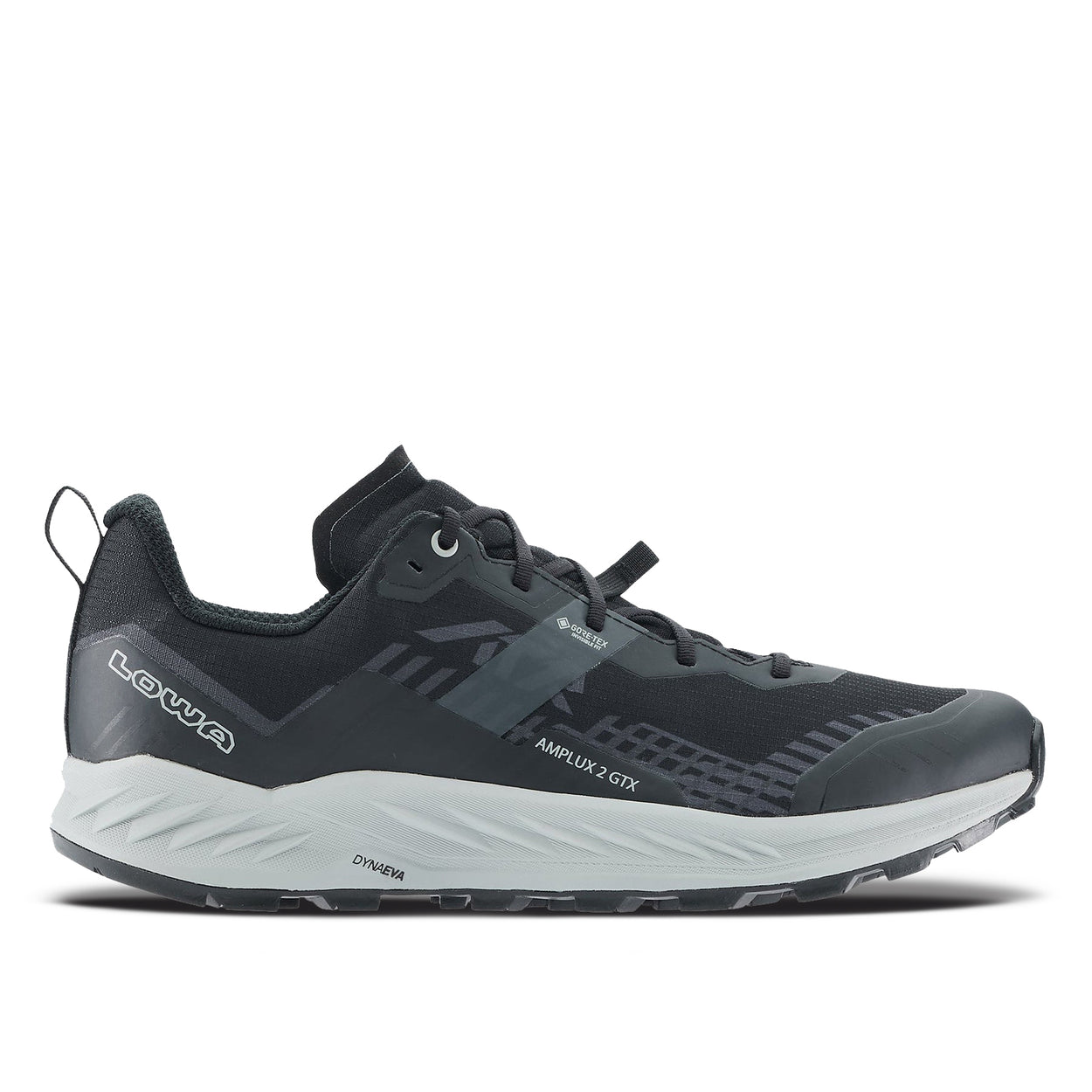 LOWA AMPLUX 2 GTX men's trail running shoe in grey/black, side profile