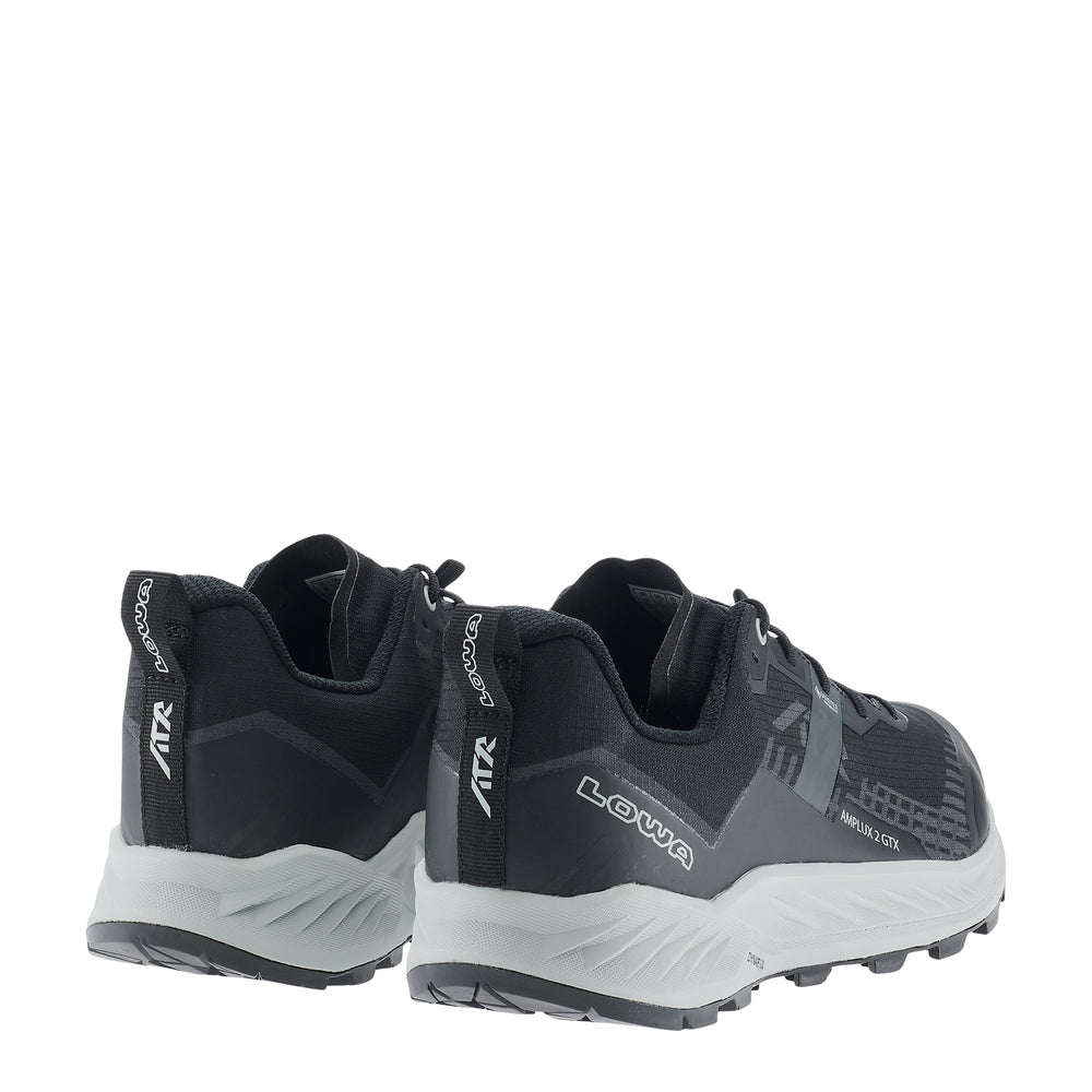 LOWA AMPLUX 2 GTX men's trail running shoe in grey/black, back profile