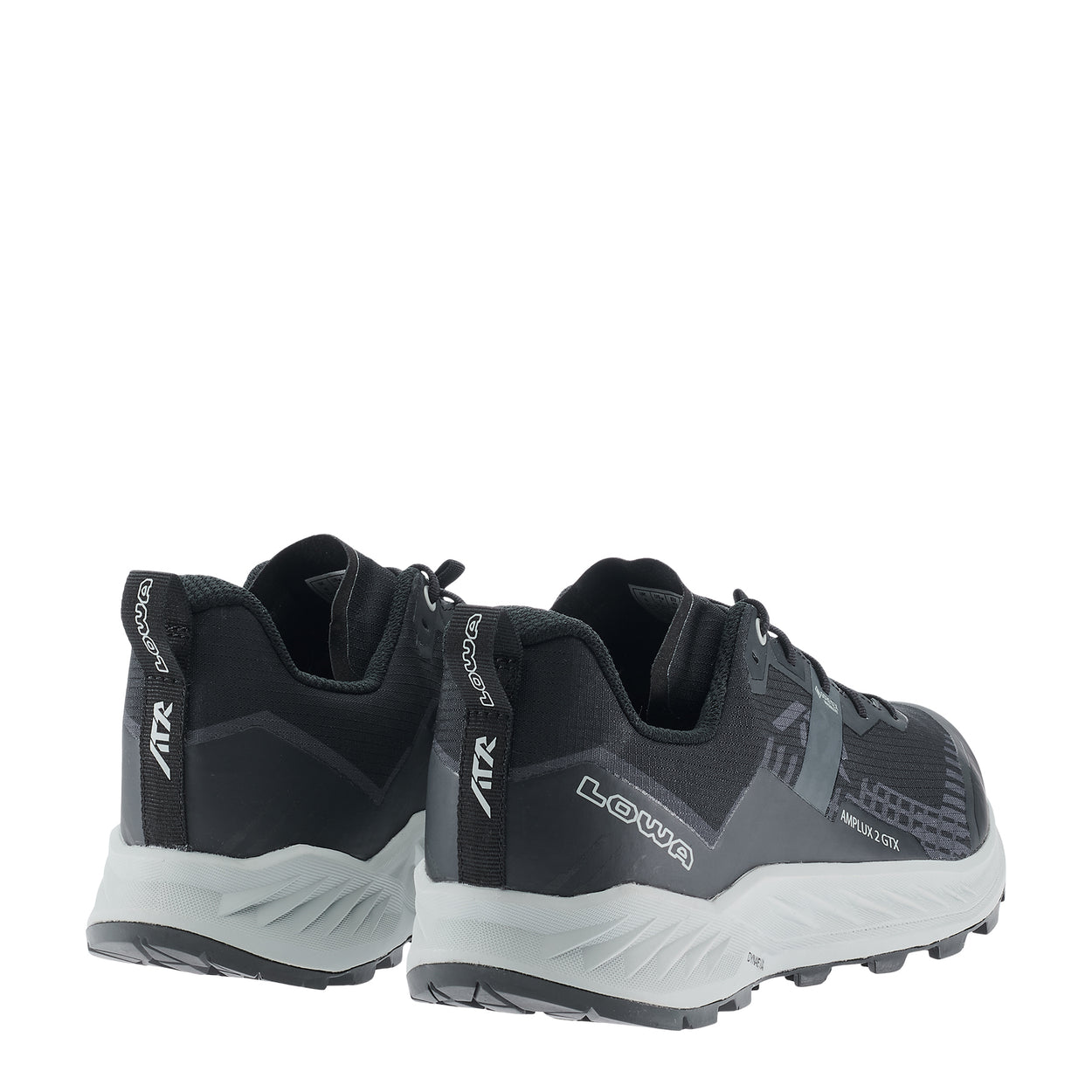 LOWA AMPLUX 2 GTX men's trail running shoe in grey/black, back profile