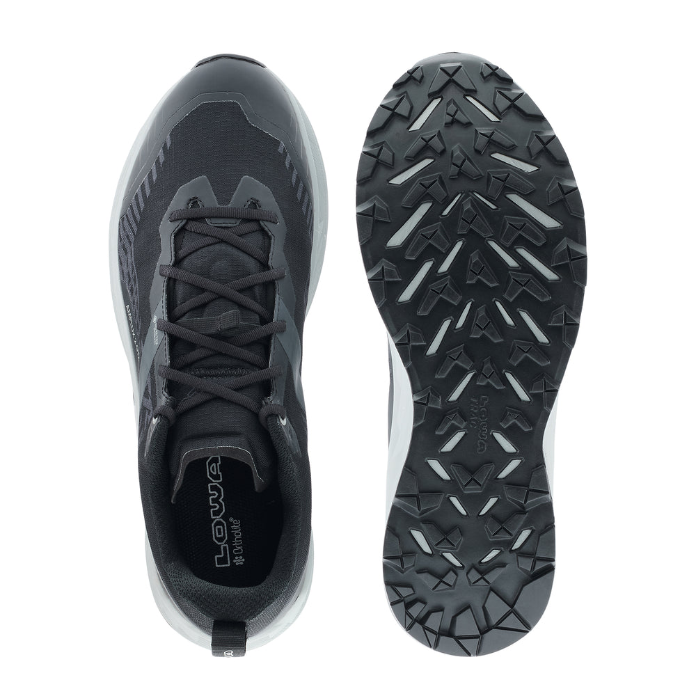 LOWA AMPLUX 2 GTX men's trail running shoe in grey/black, top-outsole profile