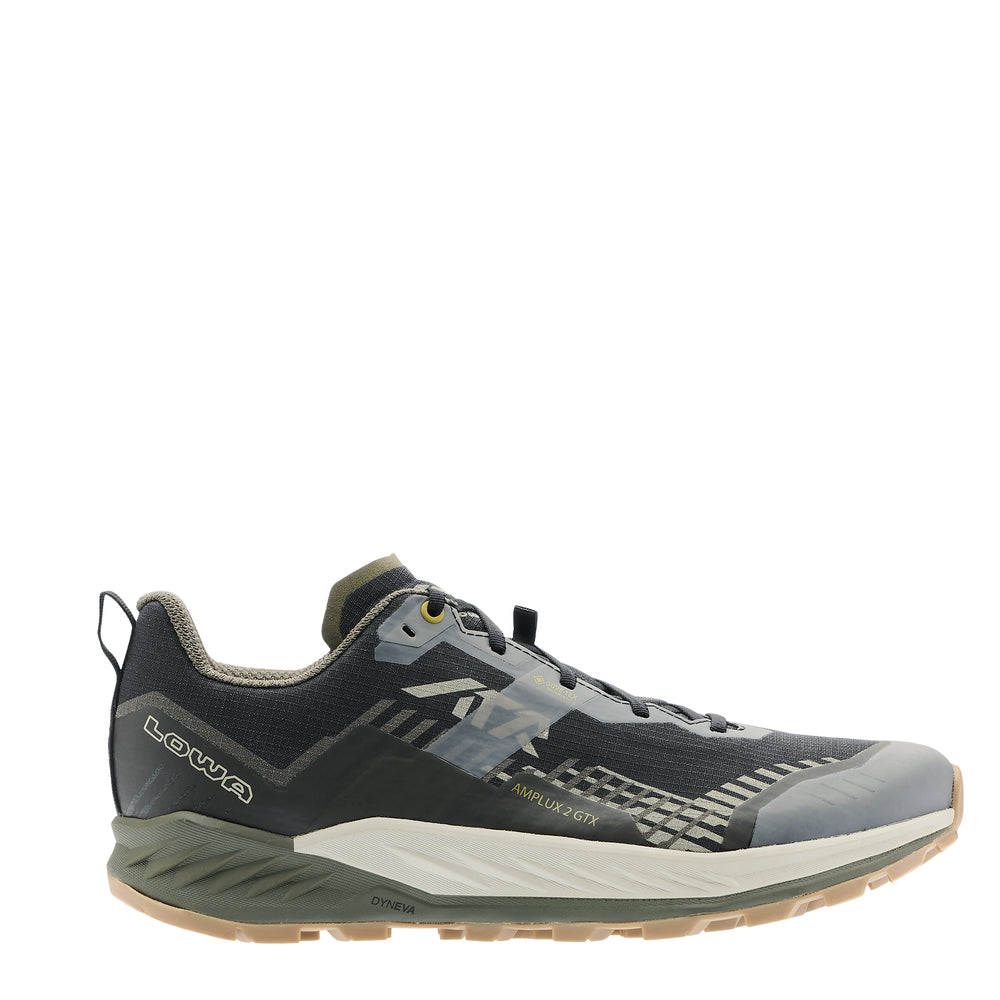 LOWA AMPLUX 2 GTX men's trail running shoe in black/olive, side profile