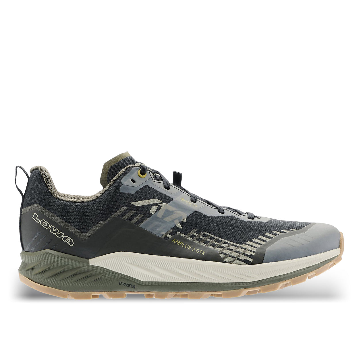 LOWA AMPLUX 2 GTX men's trail running shoe in black/olive, side profile