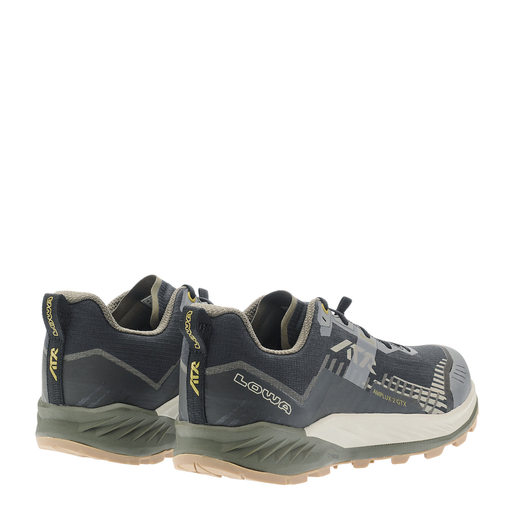 LOWA AMPLUX 2 GTX men's trail running shoe in black/olive, back profile