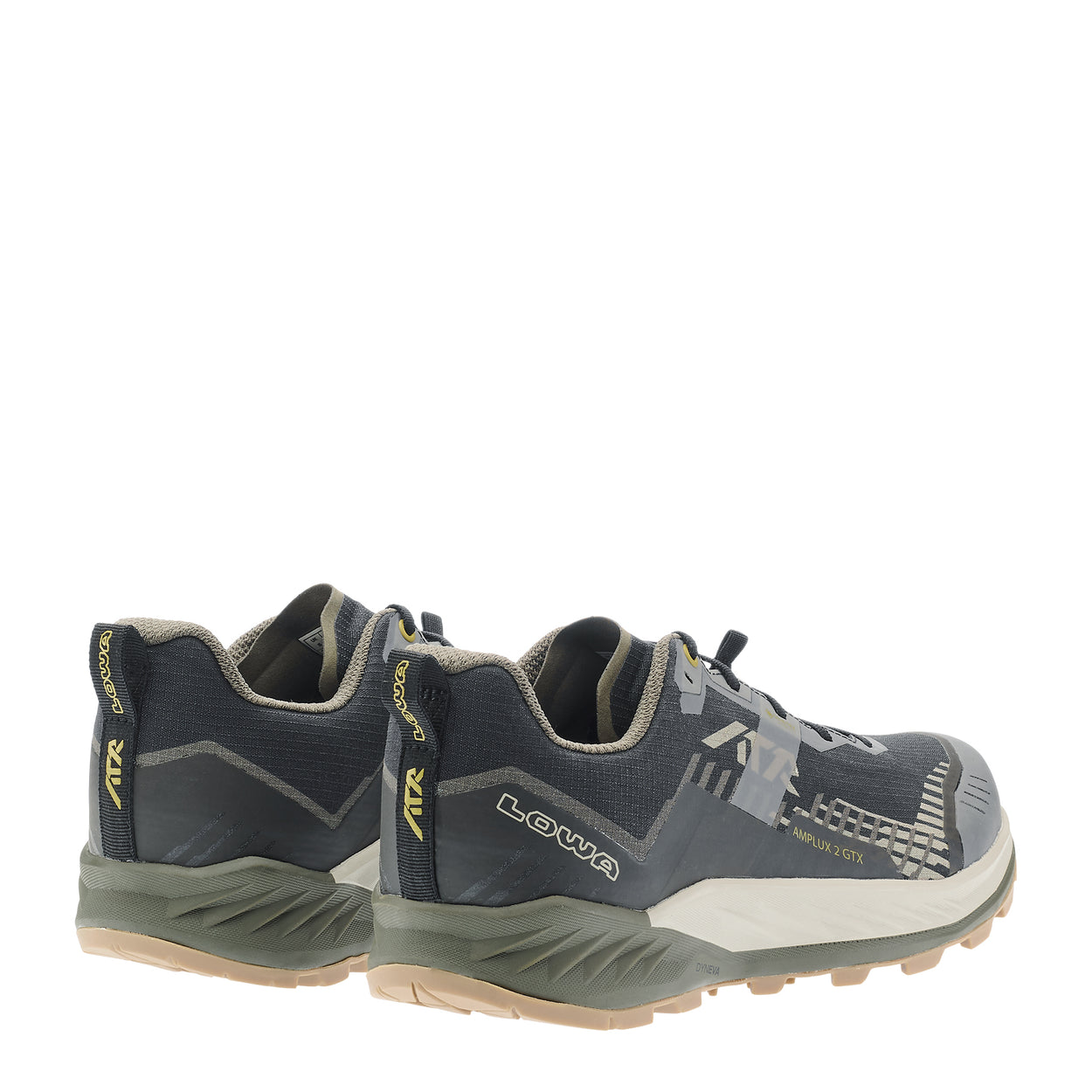 LOWA AMPLUX 2 GTX men's trail running shoe in black/olive, back profile
