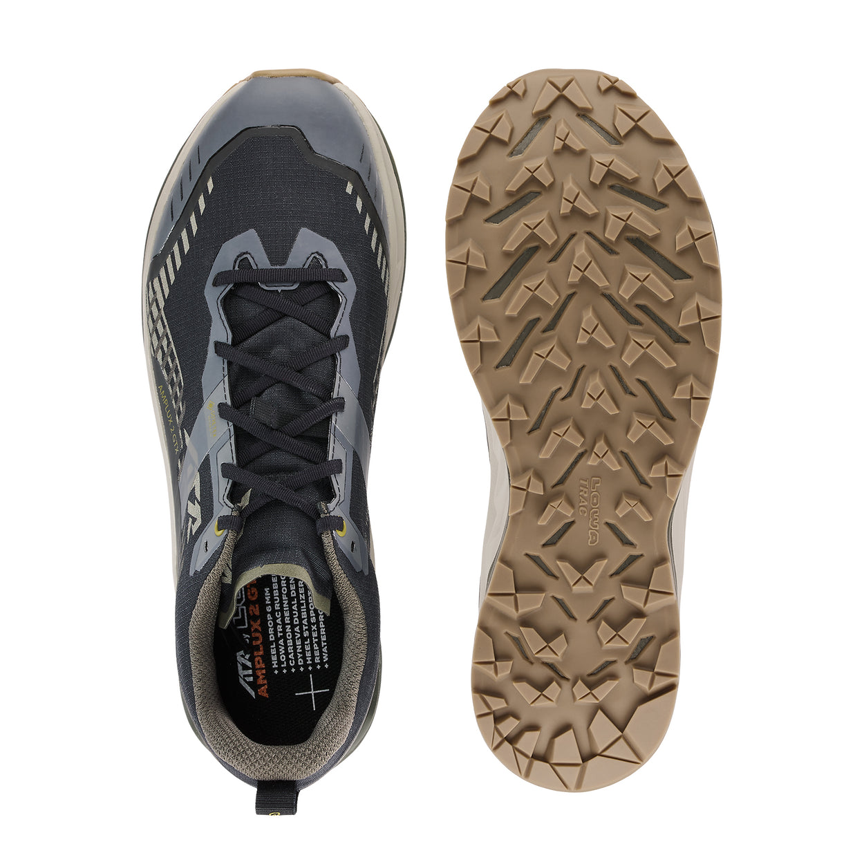 LOWA AMPLUX 2 GTX men's trail running shoe in black/olive, top-outsole profile