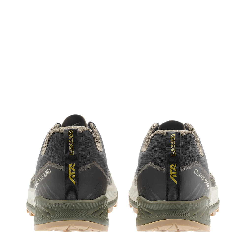 LOWA AMPLUX 2 GTX men's trail running shoe in black/olive, heel profile