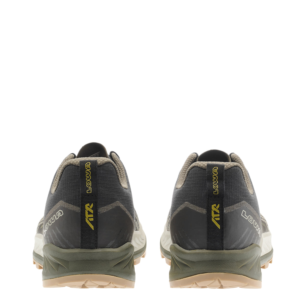 LOWA AMPLUX 2 GTX men's trail running shoe in black/olive, heel profile
