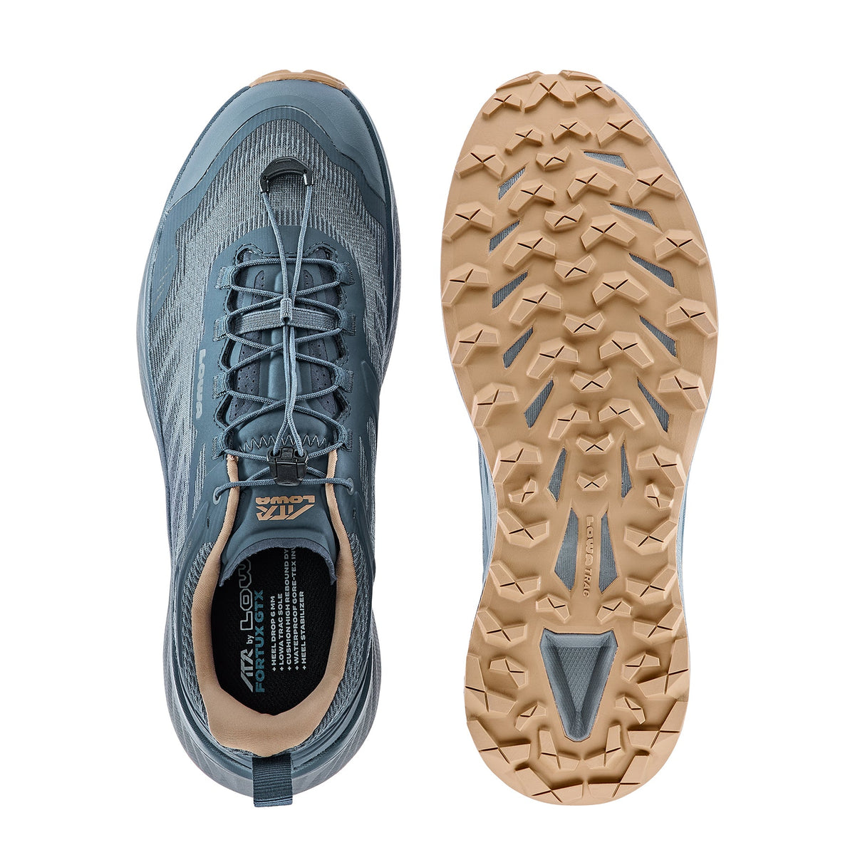 Men's LOWA FORTUX GTX tactical boot in NAVY/DUNE with GORE-TEX waterproof protection for tactical and duty use and trail running. SKU 3118146983