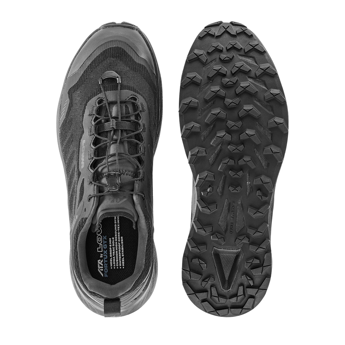 Men's LOWA FORTUX GTX tactical boot in BLACK/BLACK with GORE-TEX waterproof protection for tactical and duty use and trail running. SKU 3118149999