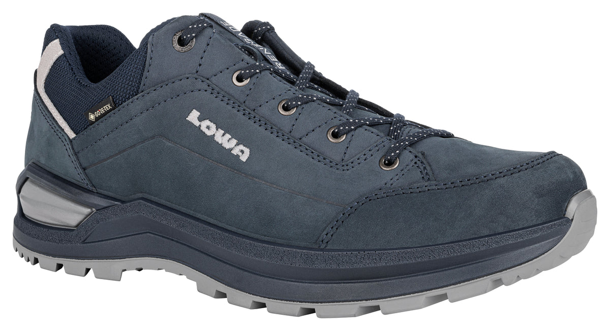 Men's LOWA RENEGADE EVO GTX LO hiking shoe in NAVY/STONE with GORE-TEX waterproof protection for hiking. SKU 3118672569