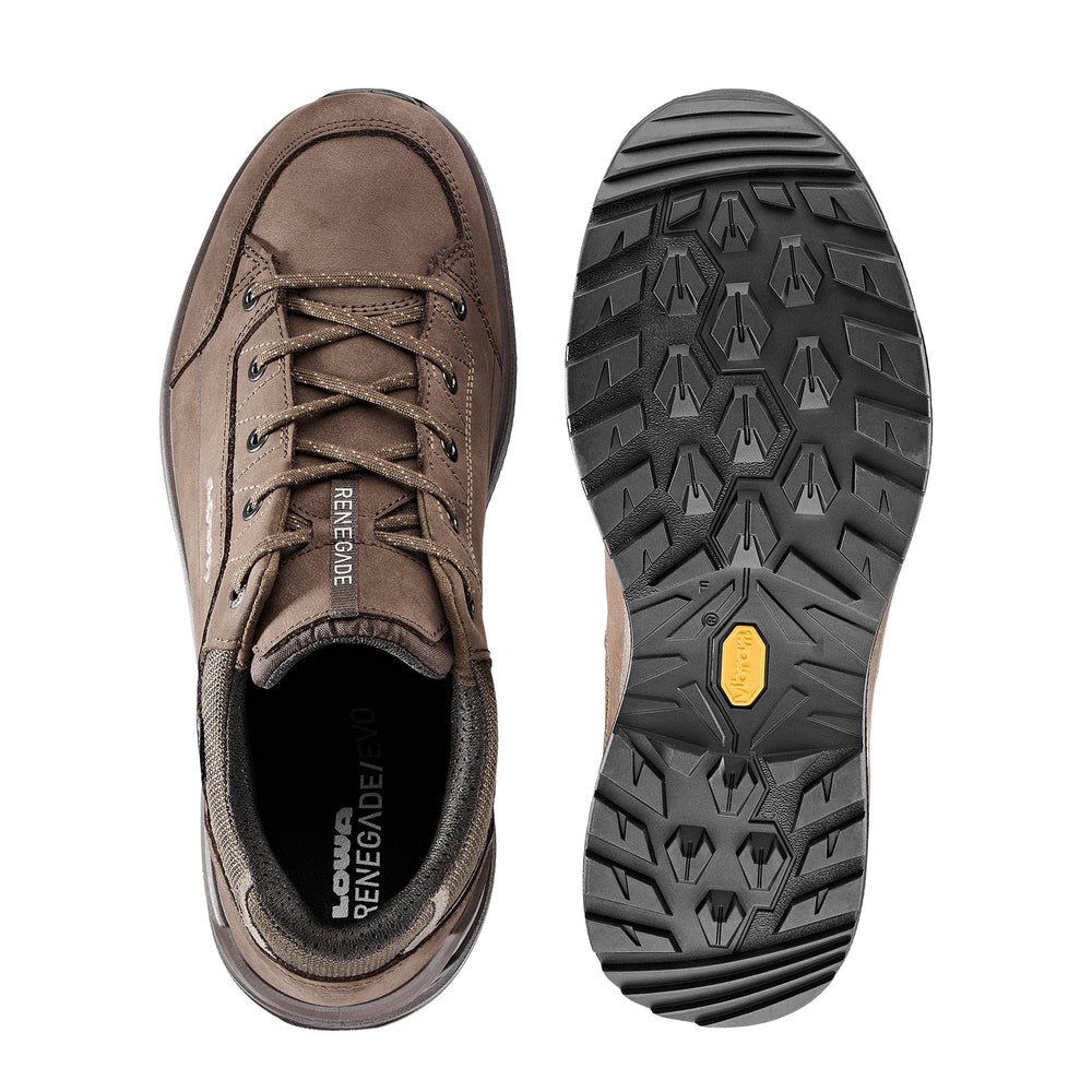 Men's LOWA RENEGADE EVO GTX LO hiking shoe in ESPRESSO/BLACK with GORE-TEX waterproof protection for hiking. SKU 3118674298, 3119674298