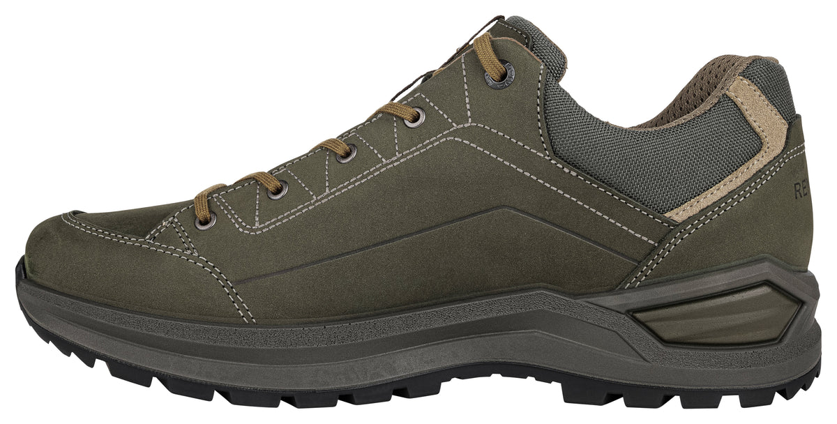 Men's LOWA RENEGADE EVO GTX LO hiking shoe in OLIVE/BEIGE with GORE-TEX waterproof protection for hiking. SKU 3118677811