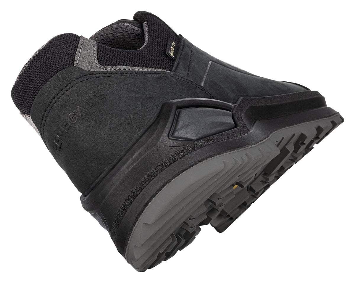 Men's LOWA RENEGADE EVO GTX LO hiking shoe in BLACK/GRAPHITE with GORE-TEX waterproof protection for hiking. SKU 3118679927