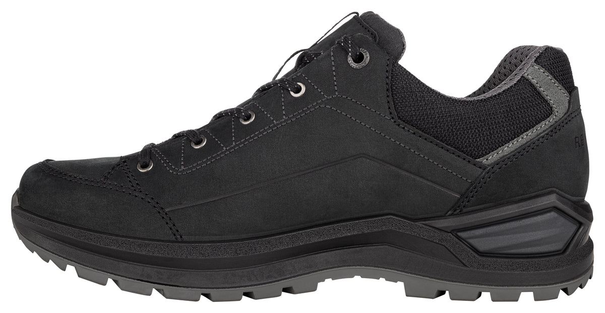 Men's LOWA RENEGADE EVO GTX LO hiking shoe in BLACK/GRAPHITE with GORE-TEX waterproof protection for hiking. SKU 3118679927