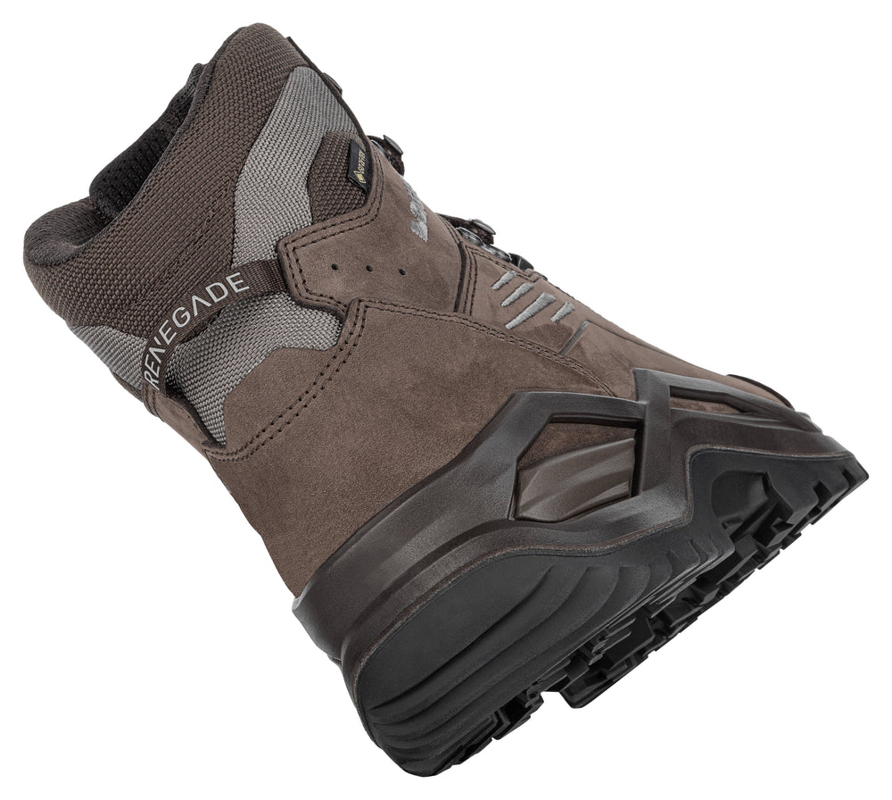 Men's LOWA RENEGADE EVO GTX MID hiking boot in ESPRESSO/SEAWEED with GORE-TEX waterproof protection for hiking and mountain use. SKU 3119164324, 3119174324