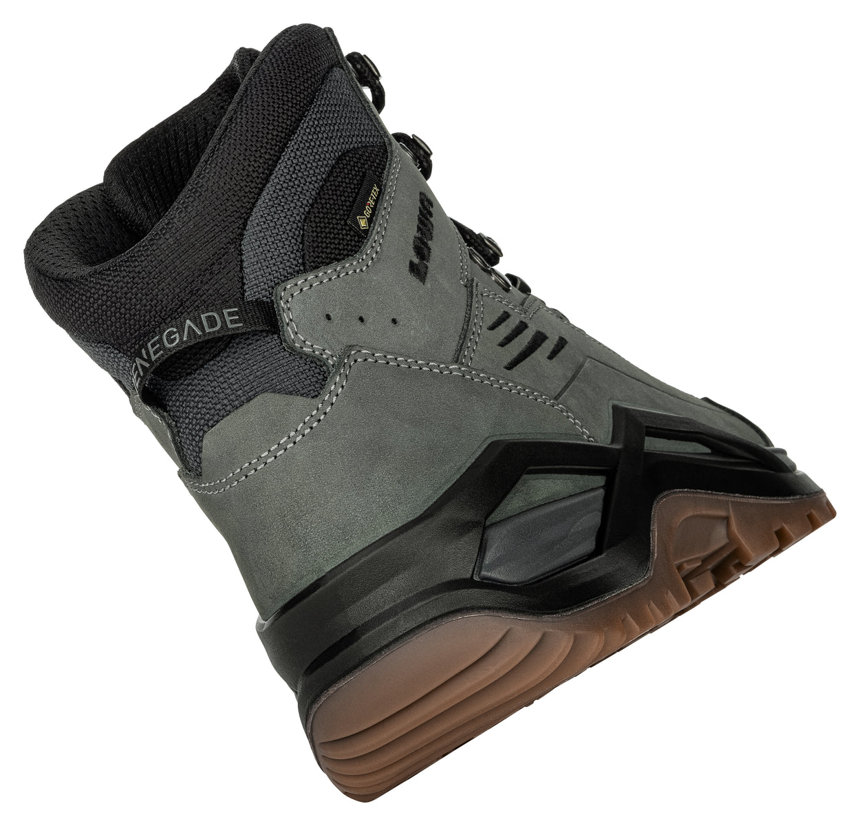 Gray and black hiking boot with RENEGADE name on a white background