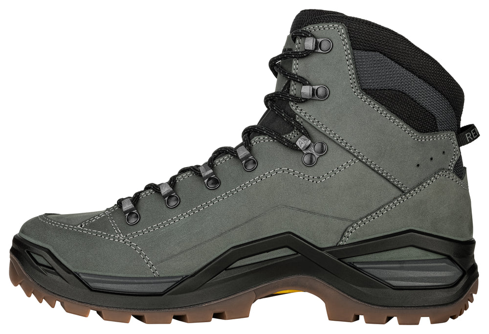 Gray high-top hiking boot with black accents on a white background