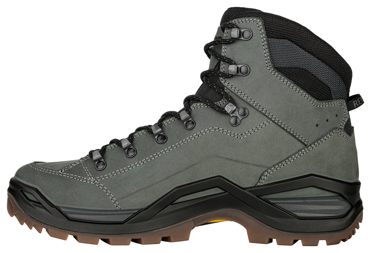 Gray high-top hiking boot with black accents on a white background
