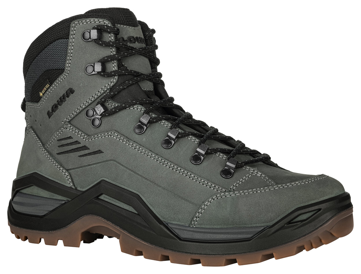 Gray hiking boot with black accents on a white background