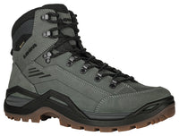 Gray hiking boot with black accents on a white background