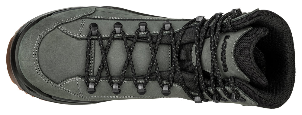 Gray hiking boot with black laces on a white background