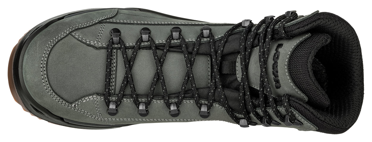 Gray hiking boot with black laces on a white background