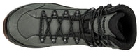 Gray hiking boot with black laces on a white background