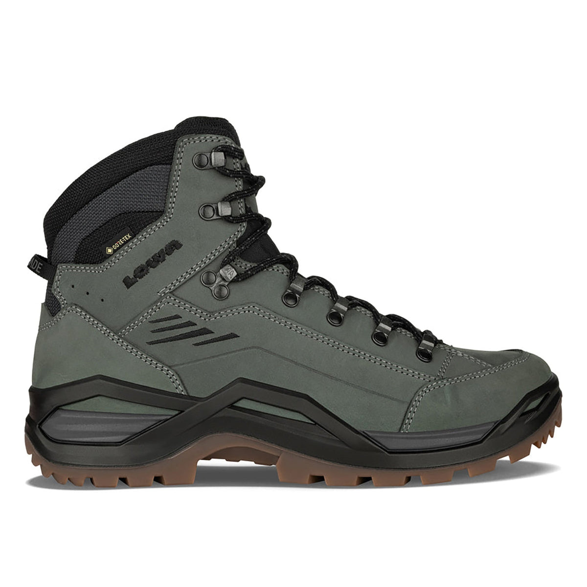 Men's LOWA RENEGADE EVO GTX MID hiking boot in DARK GREY/BLACK with GORE-TEX waterproof protection for hiking and mountain use. SKU 3119169499