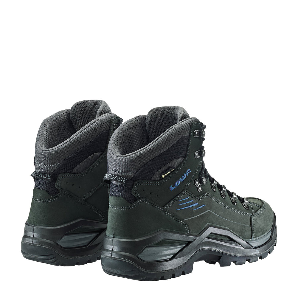 Men's LOWA RENEGADE EVO GTX MID hiking boot in ANTHRACITE/STEEL BLUE with GORE-TEX waterproof protection for hiking and mountain use. SKU 3119169780, 3119179780