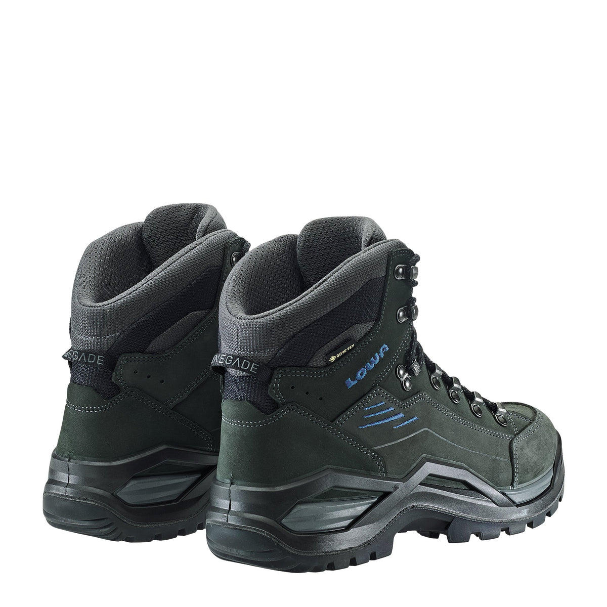 Men's LOWA RENEGADE EVO GTX MID hiking boot in ANTHRACITE/STEEL BLUE with GORE-TEX waterproof protection for hiking and mountain use. SKU 3119169780, 3119179780